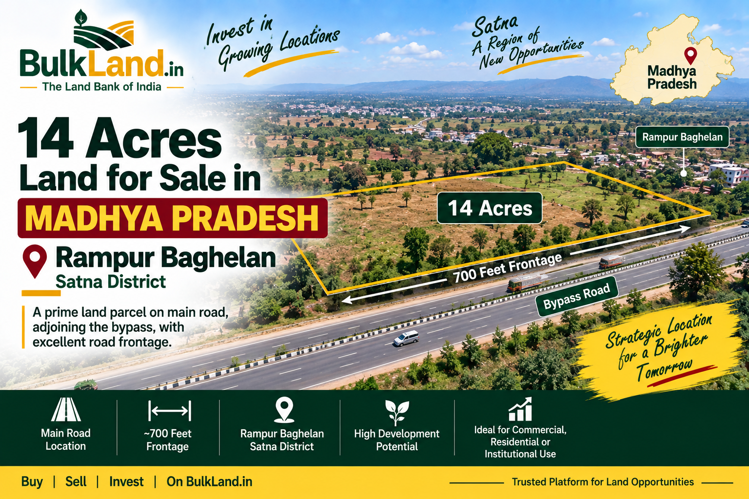14-Acre Land for Sale on Main Road, Rampur Baghelan, Satna, Madhya Pradesh